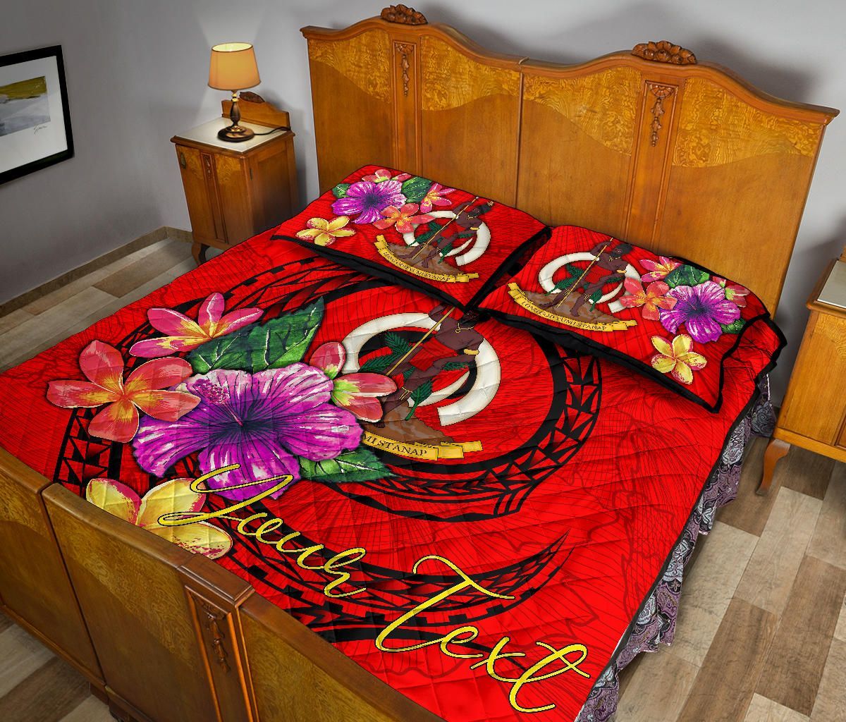 Vanuatu Polynesian Custom Personalised Quilt Bed Set - Floral With Seal Red