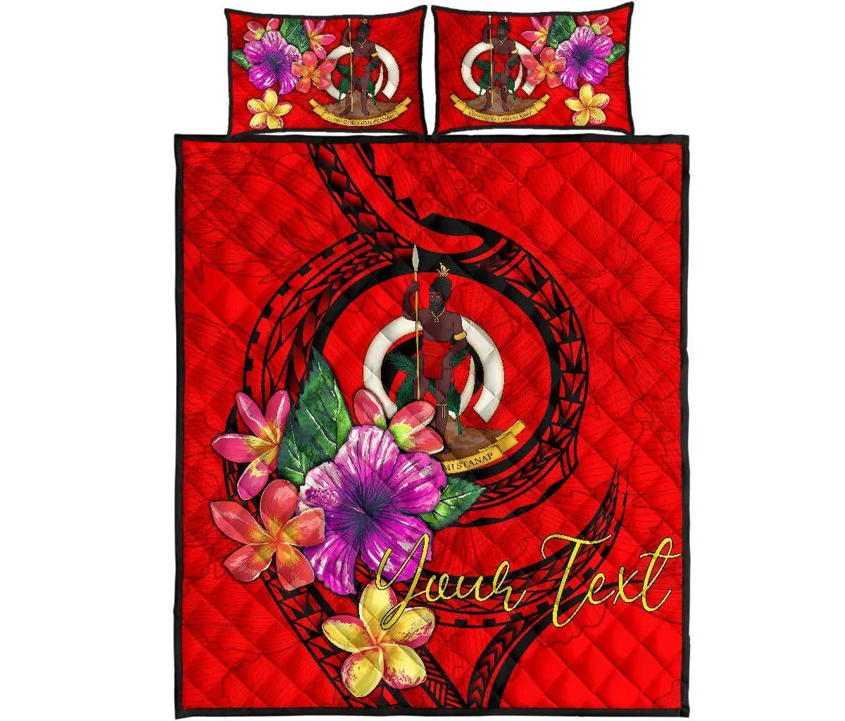 Vanuatu Polynesian Custom Personalised Quilt Bed Set - Floral With Seal Red