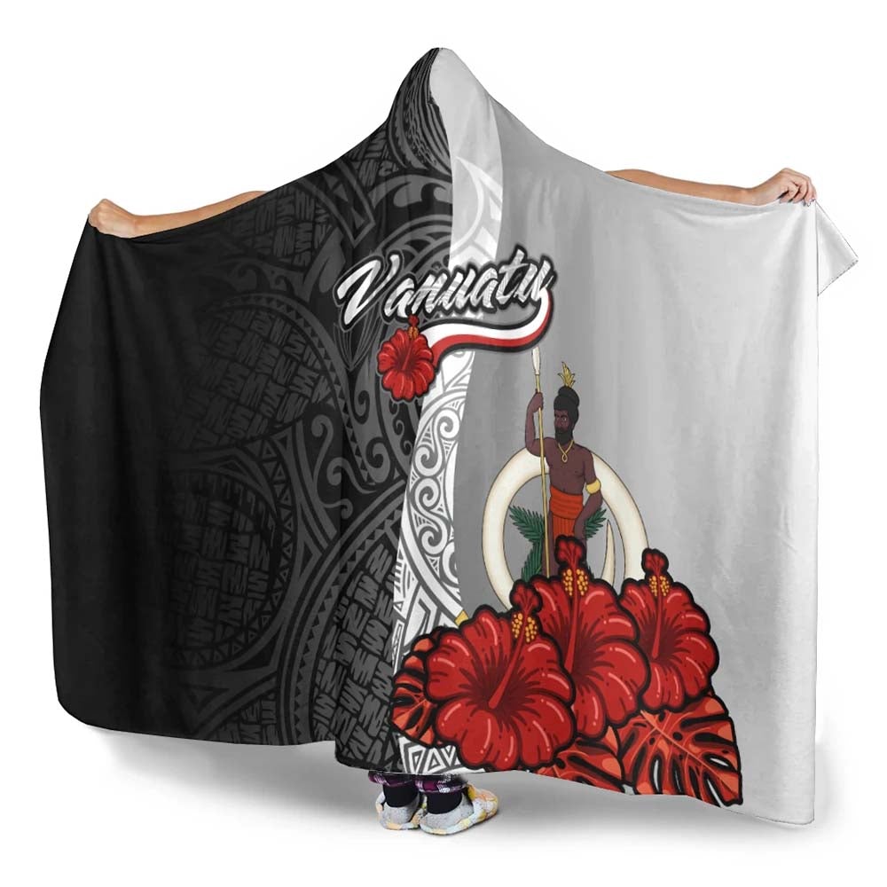Vanuatu Polynesian Hooded Blanket- Coat Of Arm With Hibiscus White