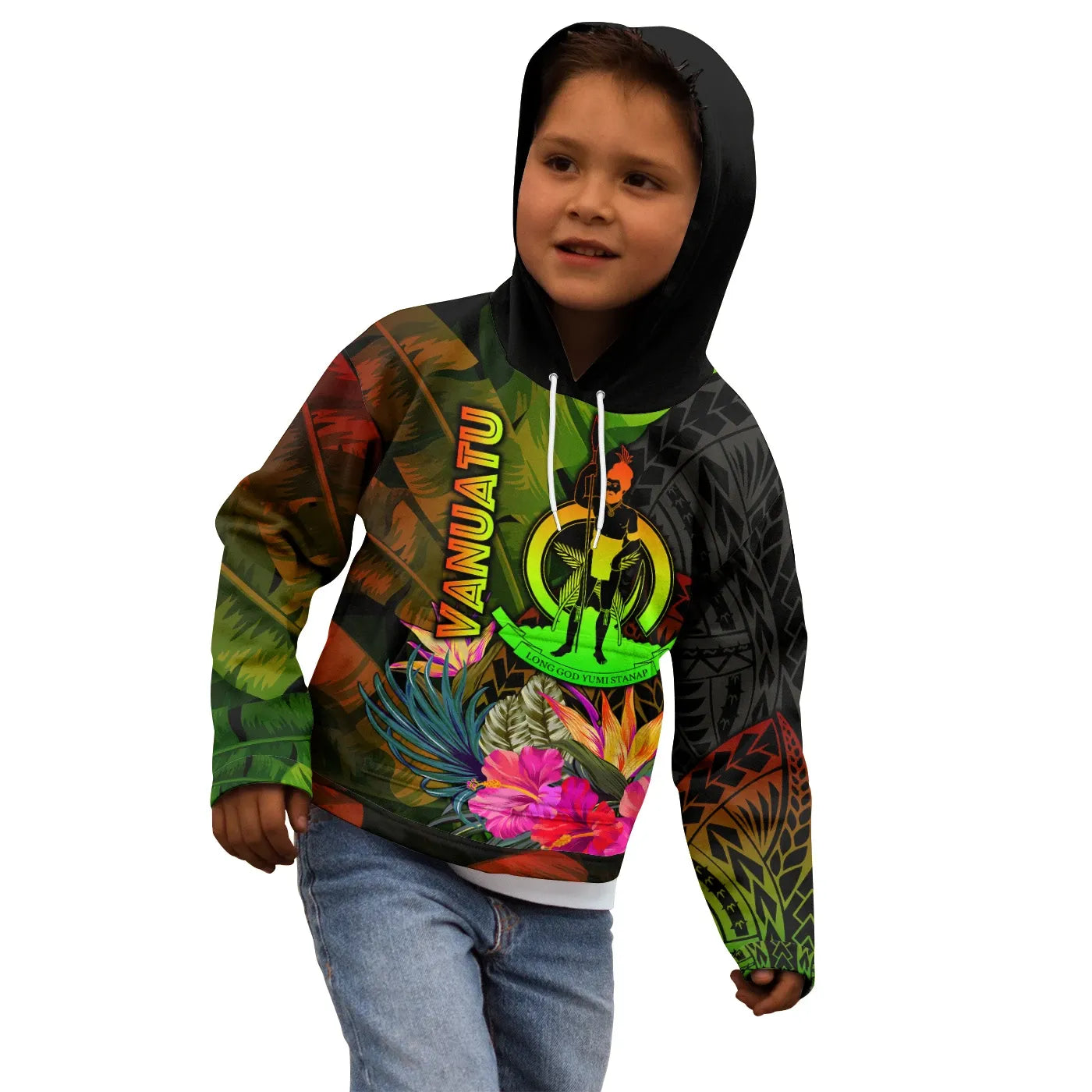 Vanuatu Polynesian Hoodie -  Hibiscus and Banana Leaves
