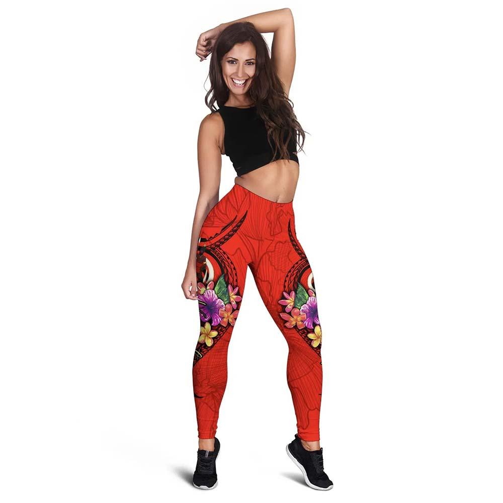 Vanuatu Polynesian Legging - Floral With Seal Red