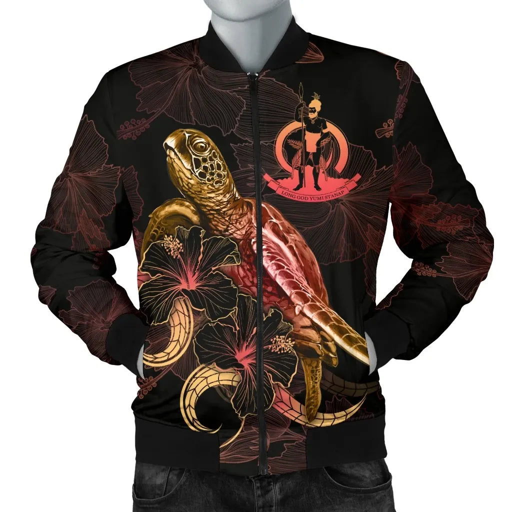 Vanuatu Polynesian Bomber Jacket - Turtle With Blooming Hibiscus Gold