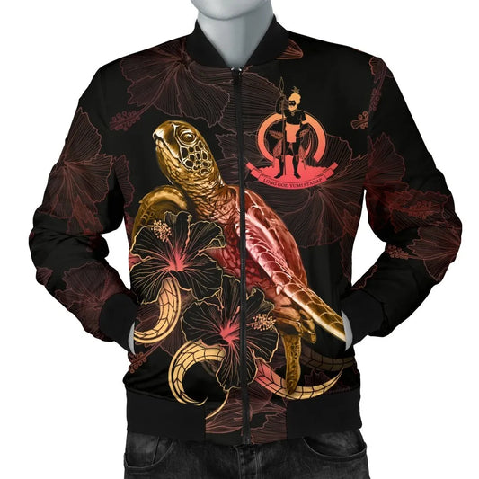 Vanuatu Polynesian Bomber Jacket - Turtle With Blooming Hibiscus Gold