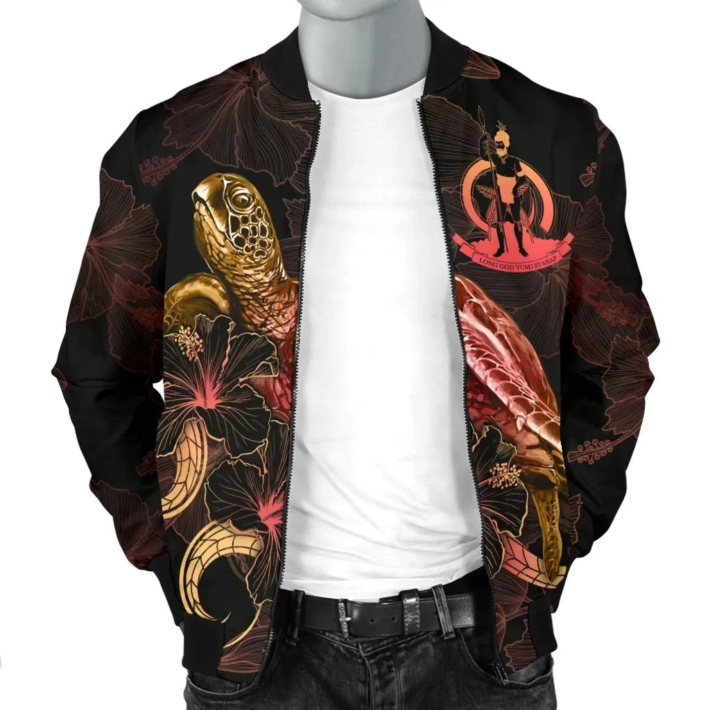 Vanuatu Polynesian Bomber Jacket - Turtle With Blooming Hibiscus Gold