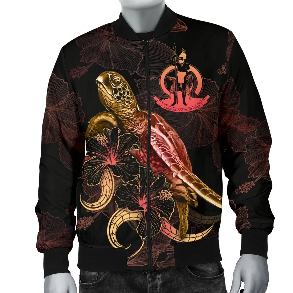 Vanuatu Polynesian Bomber Jacket - Turtle With Blooming Hibiscus Gold