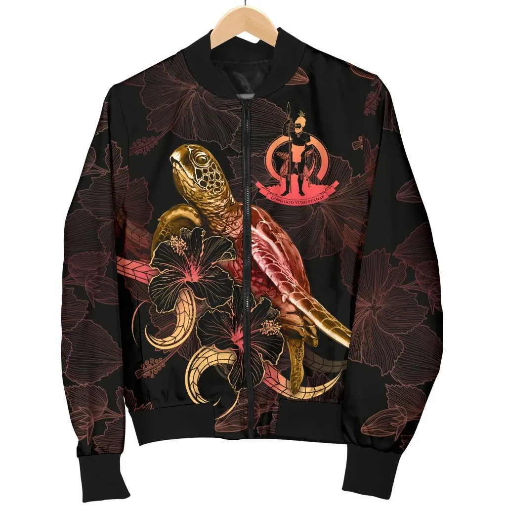 Vanuatu Polynesian Bomber Jacket - Turtle With Blooming Hibiscus Gold
