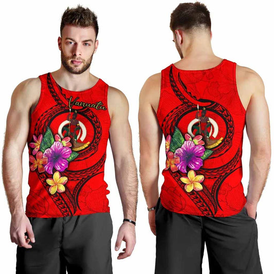 Vanuatu Polynesian Men Tank Top - Floral With Seal Red