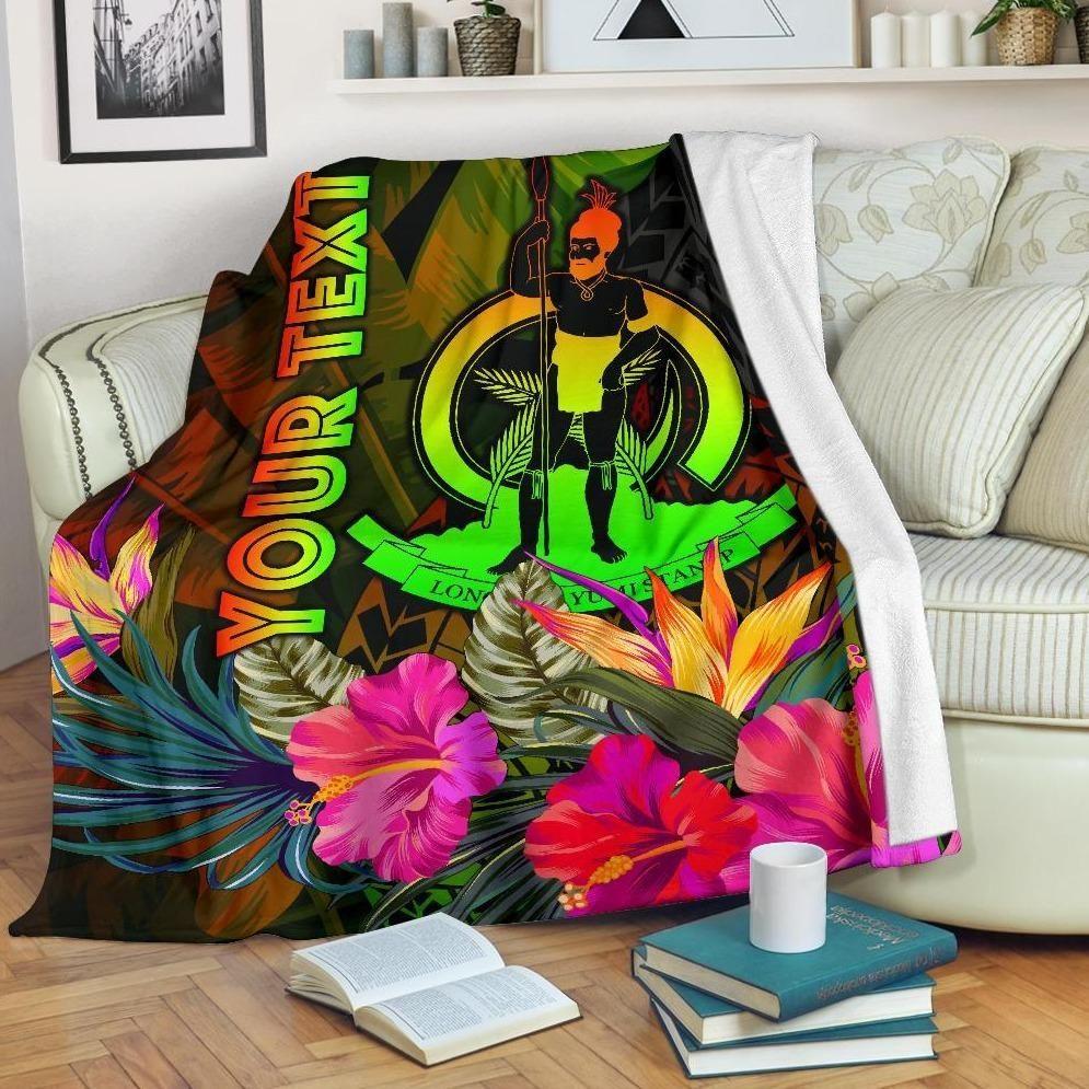 Vanuatu Polynesian Personalised Premium Blanket -  Hibiscus and Banana Leaves