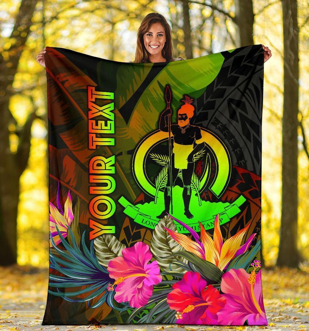 Vanuatu Polynesian Personalised Premium Blanket -  Hibiscus and Banana Leaves