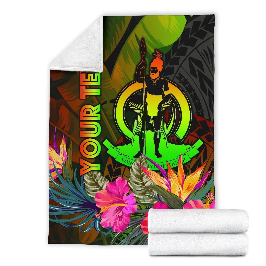 Vanuatu Polynesian Personalised Premium Blanket -  Hibiscus and Banana Leaves