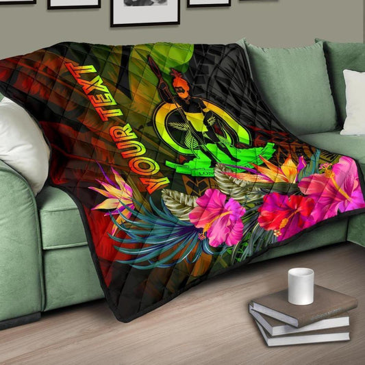 Vanuatu Polynesian Personalised Premium Quilt -  Hibiscus and Banana Leaves