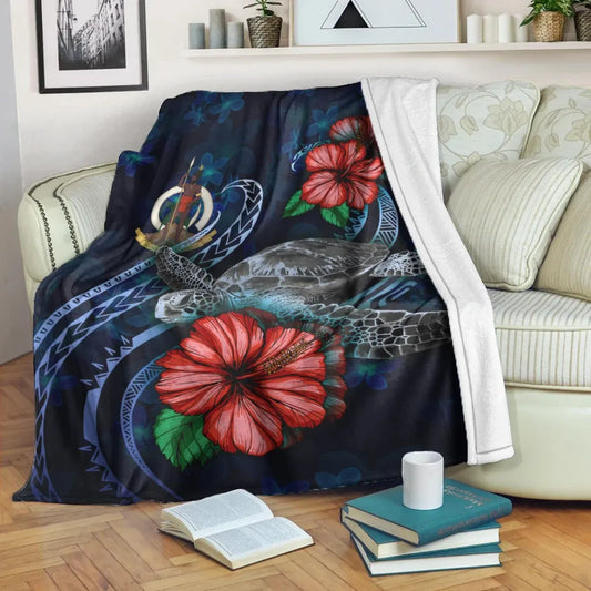 Vanuatu Polynesian Premium Blanket - Blue Turtle Hibiscus