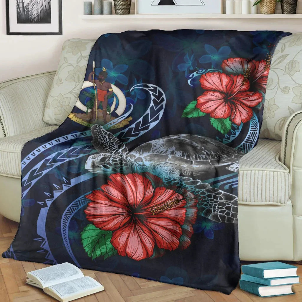 Vanuatu Polynesian Premium Blanket - Blue Turtle Hibiscus
