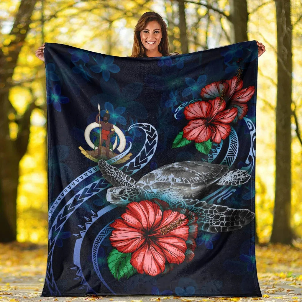 Vanuatu Polynesian Premium Blanket - Blue Turtle Hibiscus