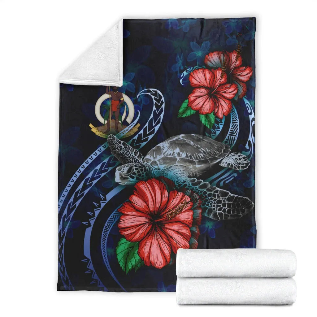 Vanuatu Polynesian Premium Blanket - Blue Turtle Hibiscus