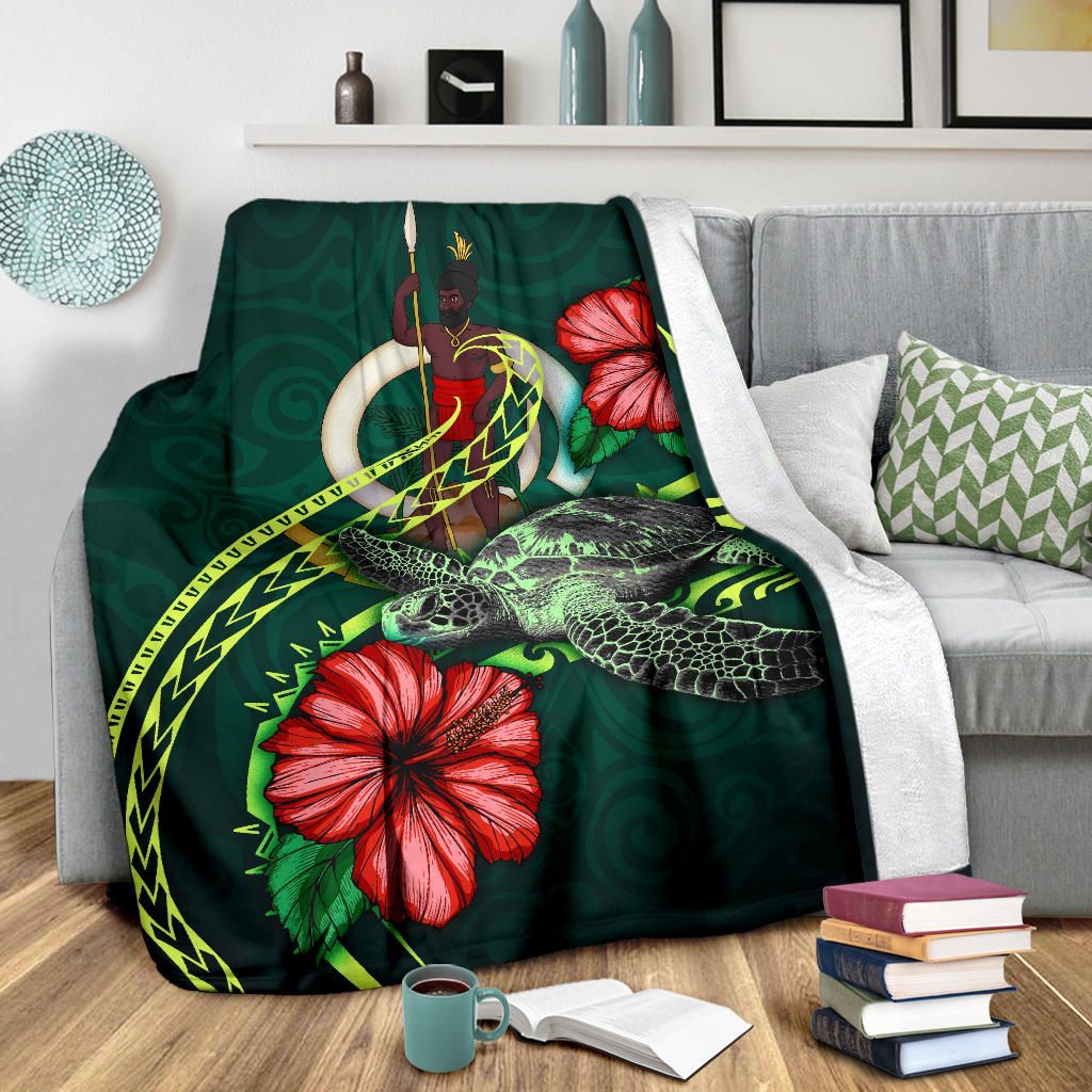 Vanuatu Polynesian Premium Blanket - Green Turtle Hibiscus