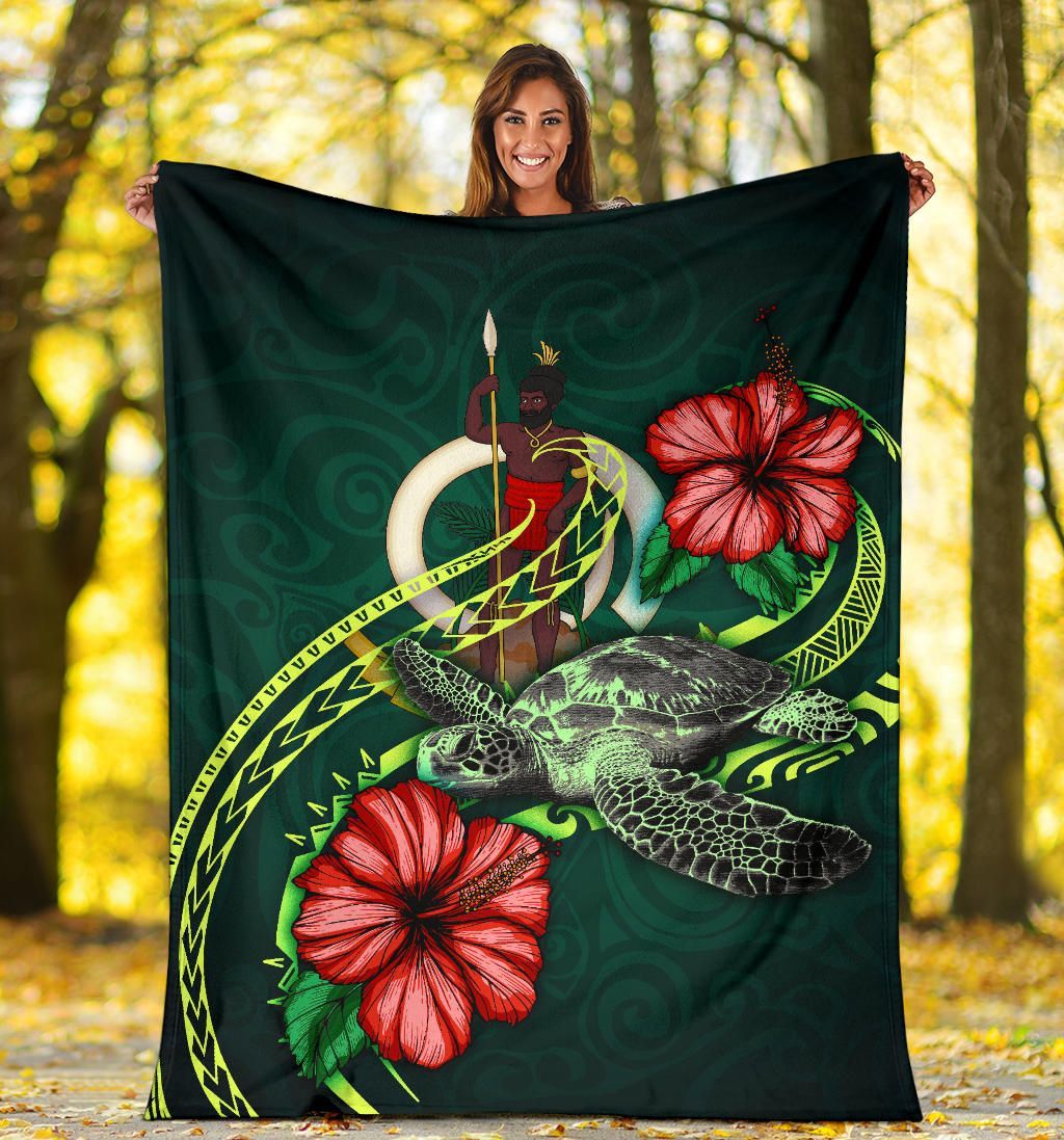 Vanuatu Polynesian Premium Blanket - Green Turtle Hibiscus