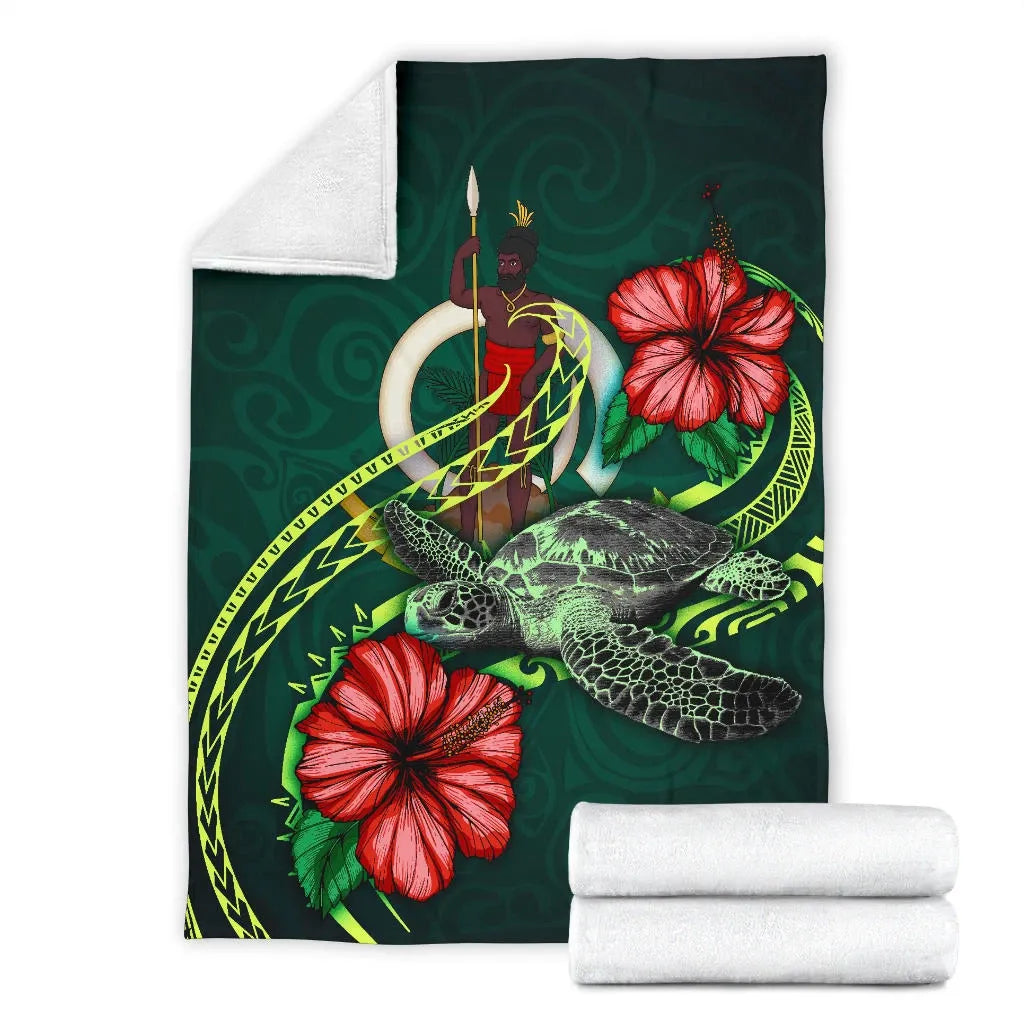 Vanuatu Polynesian Premium Blanket - Green Turtle Hibiscus