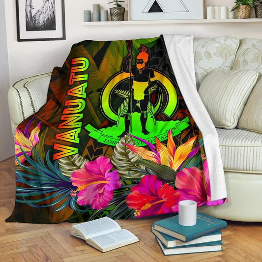 Vanuatu Polynesian Premium Blanket -  Hibiscus and Banana Leaves