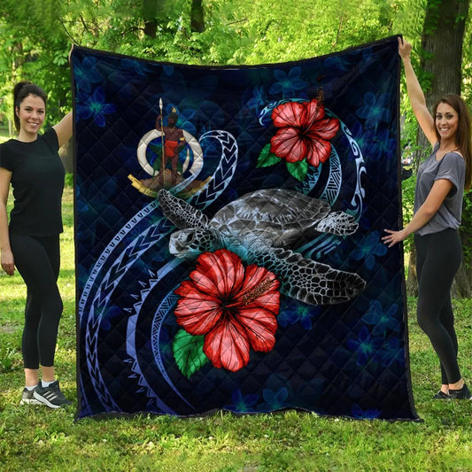 Vanuatu Polynesian Premium Quilt - Blue Turtle Hibiscus