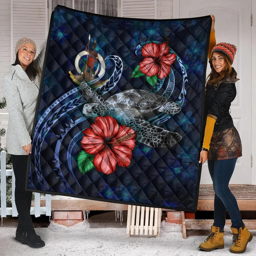 Vanuatu Polynesian Premium Quilt - Blue Turtle Hibiscus