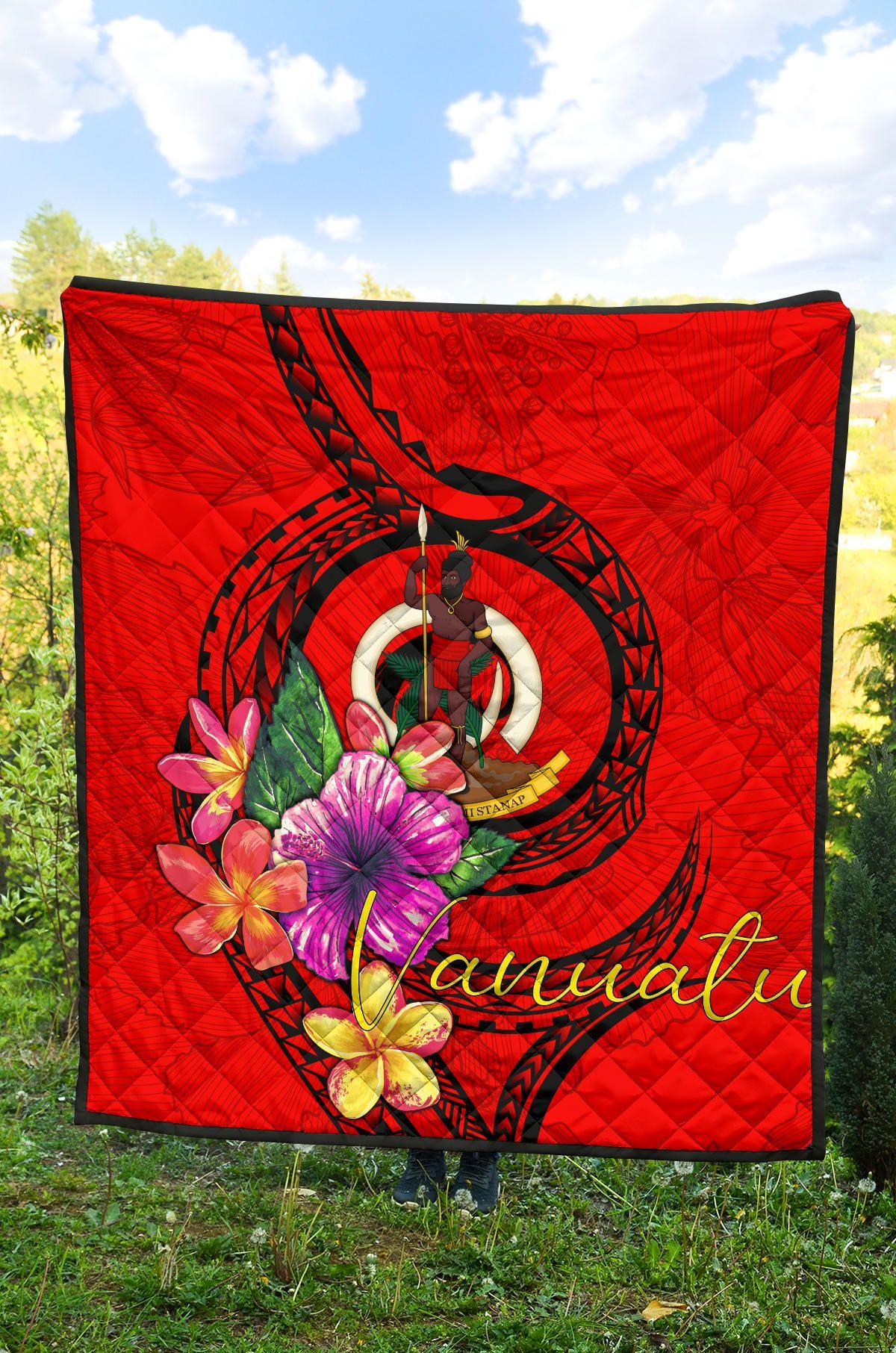 Vanuatu Polynesian Premium Quilt - Floral With Seal Red