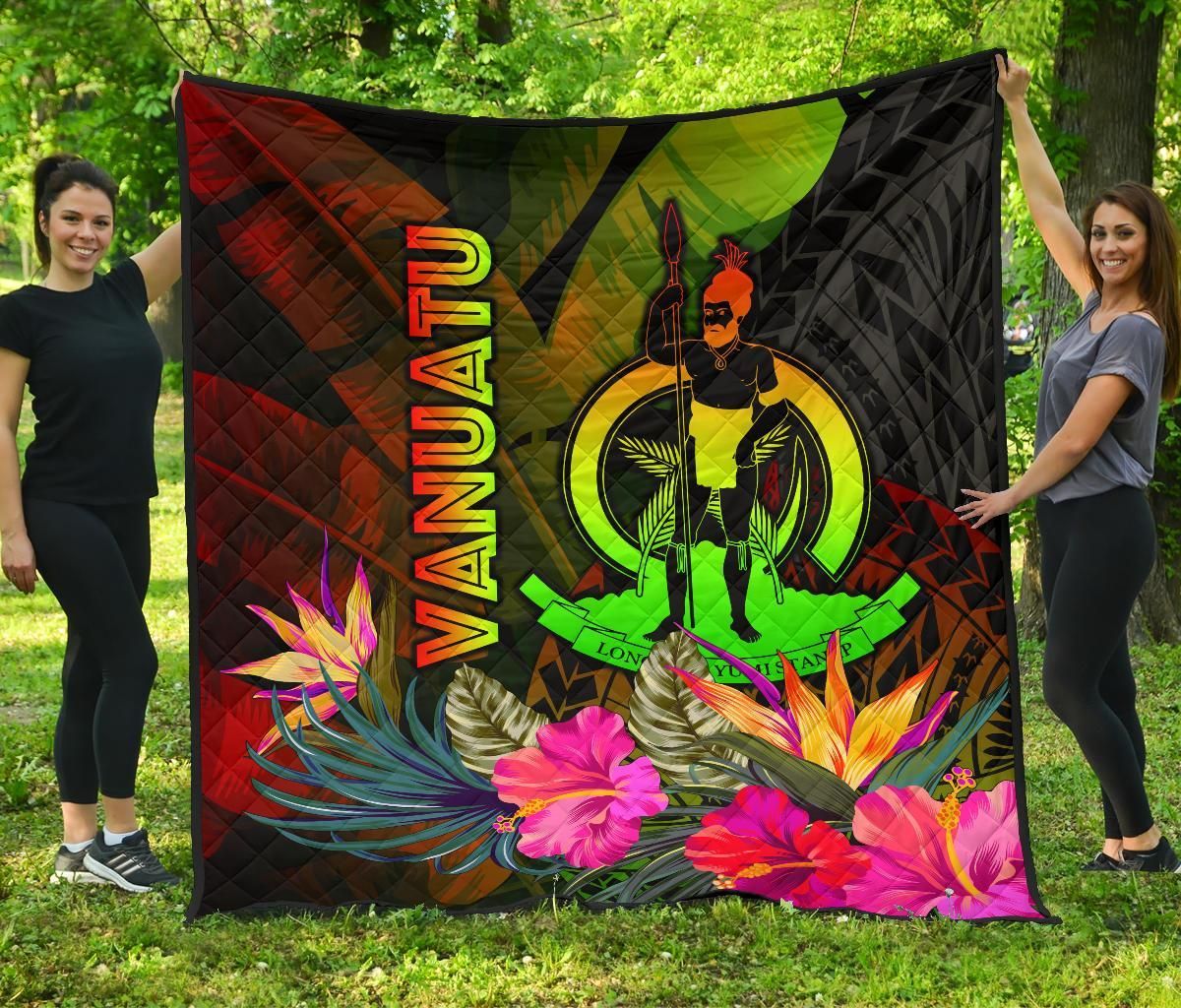 Vanuatu Polynesian Premium Quilt -  Hibiscus and Banana Leaves
