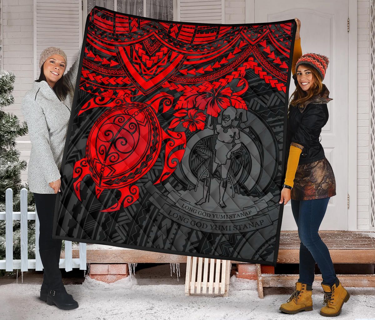 Vanuatu Polynesian Premium Quilt - Vanuatu Coat Of Arms & Red Turtle Hibiscus