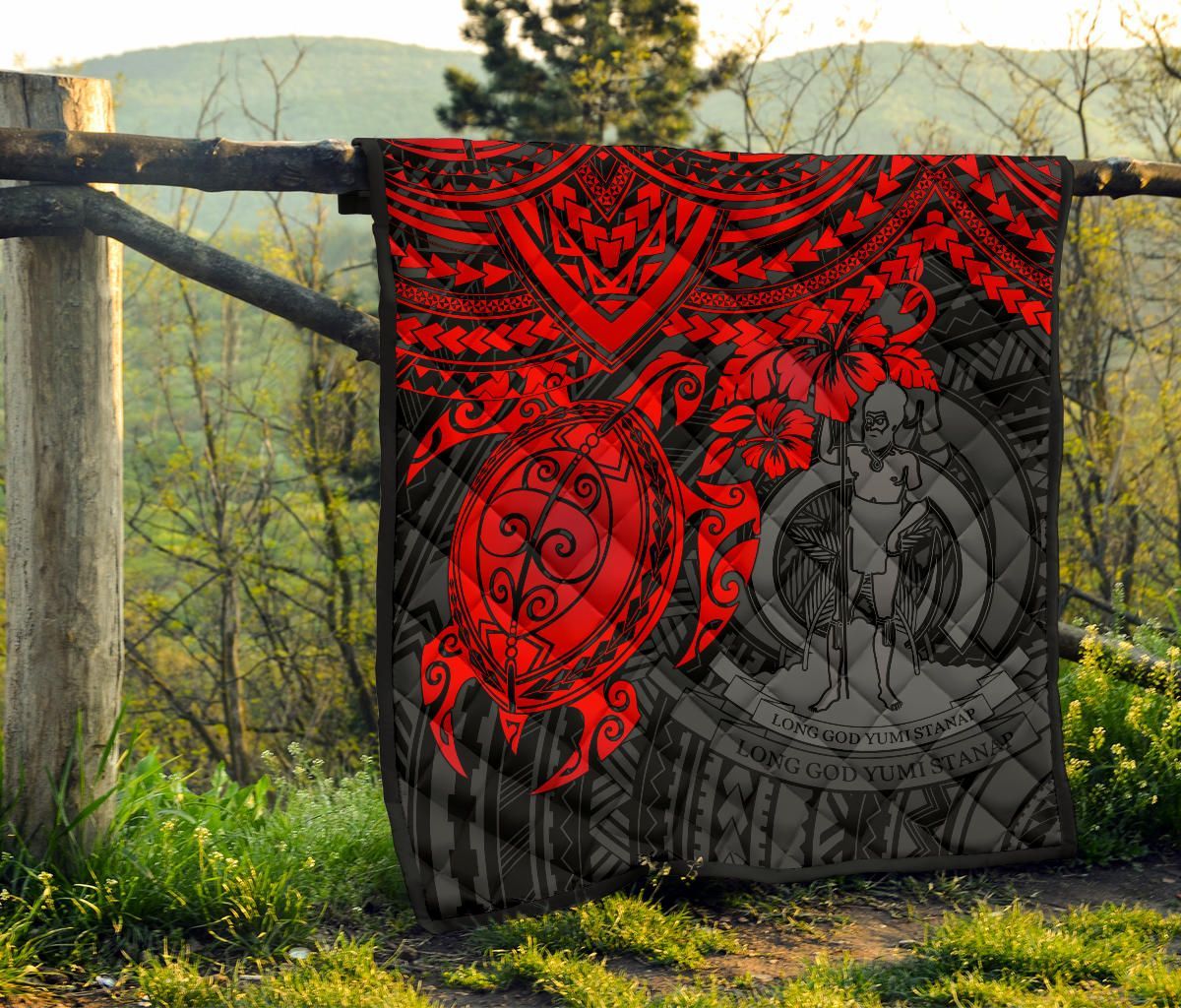 Vanuatu Polynesian Premium Quilt - Vanuatu Coat Of Arms & Red Turtle Hibiscus