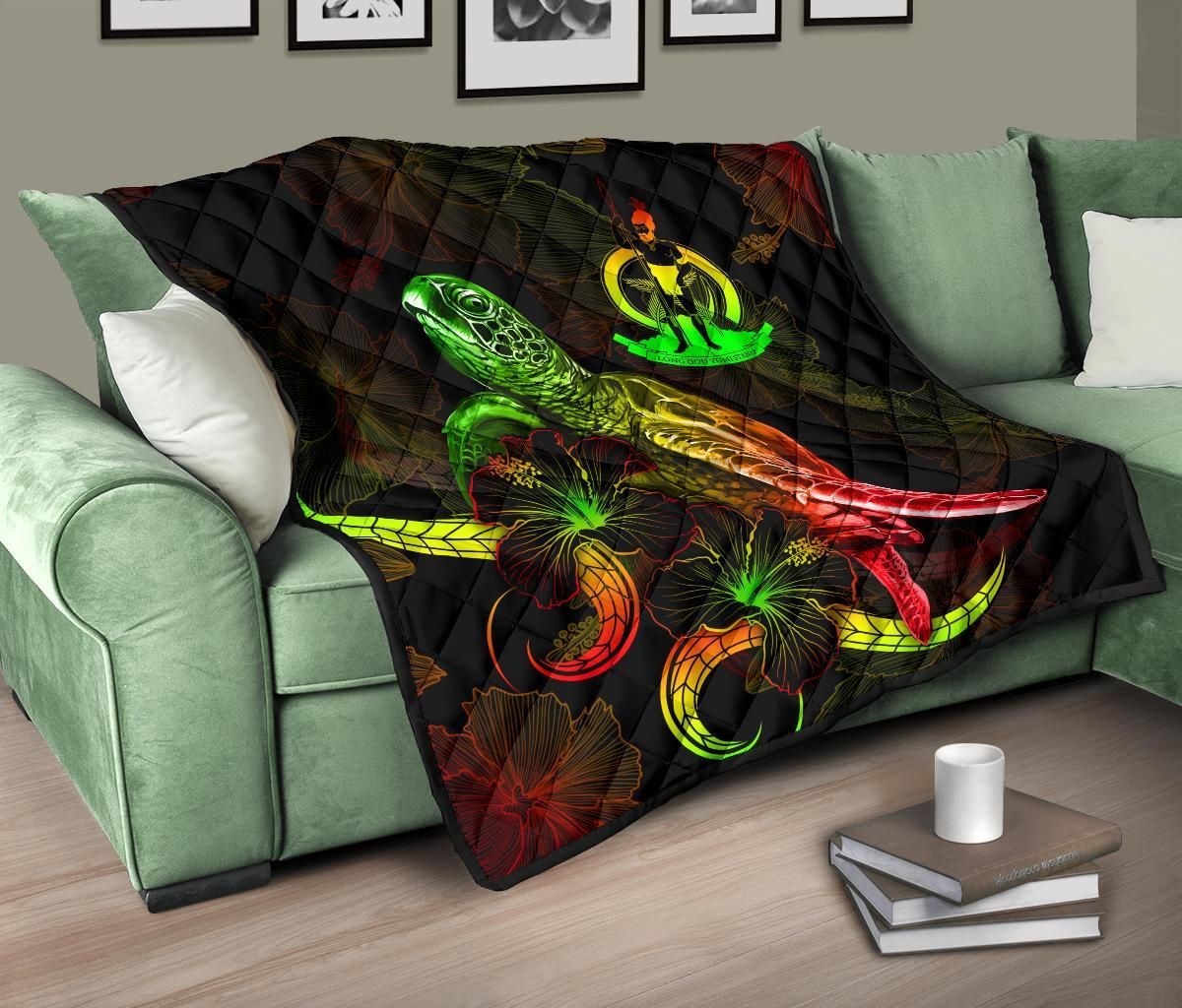 Vanuatu Polynesian Premium Quilt - Turtle With Blooming Hibiscus Reggae