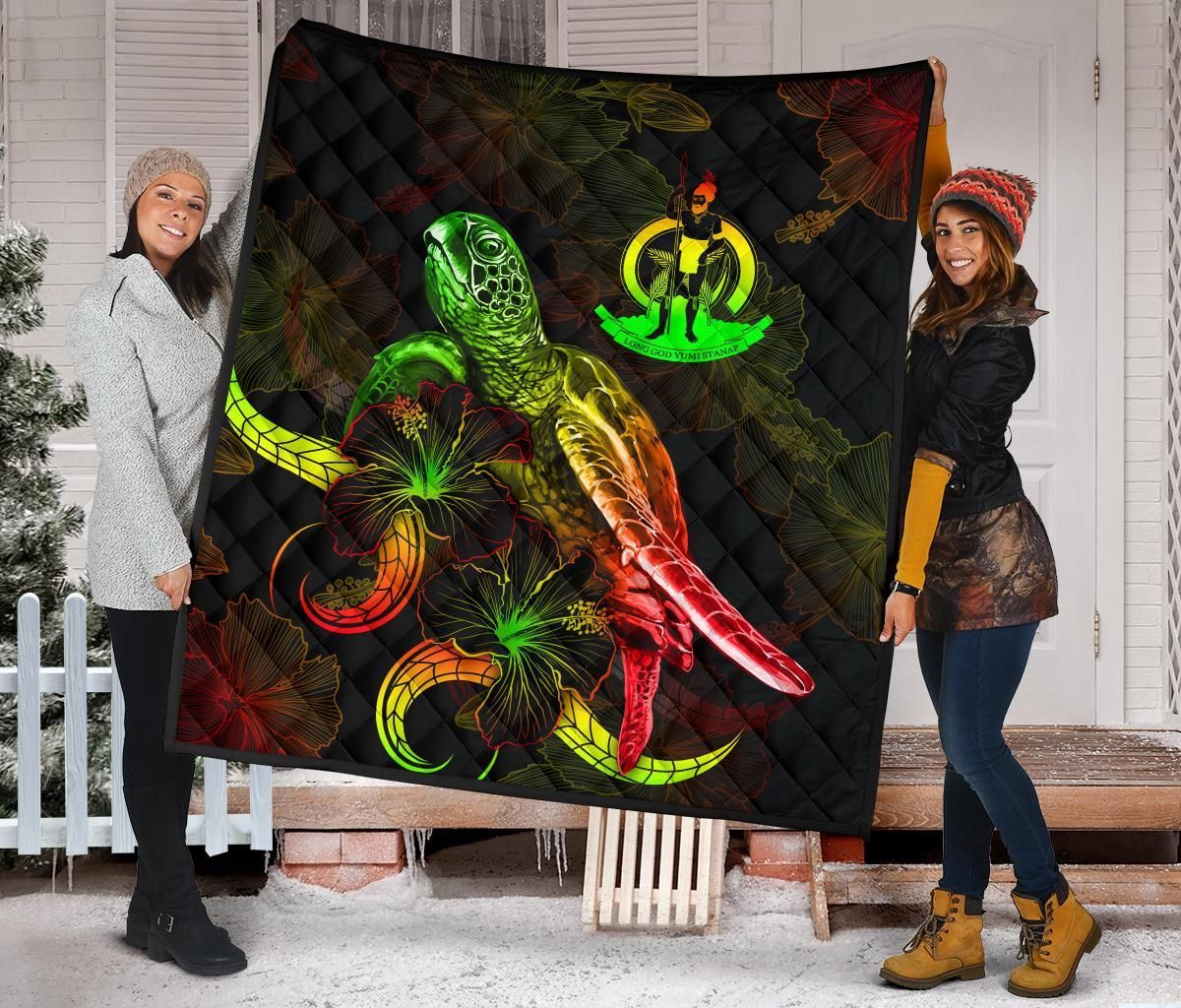 Vanuatu Polynesian Premium Quilt - Turtle With Blooming Hibiscus Reggae