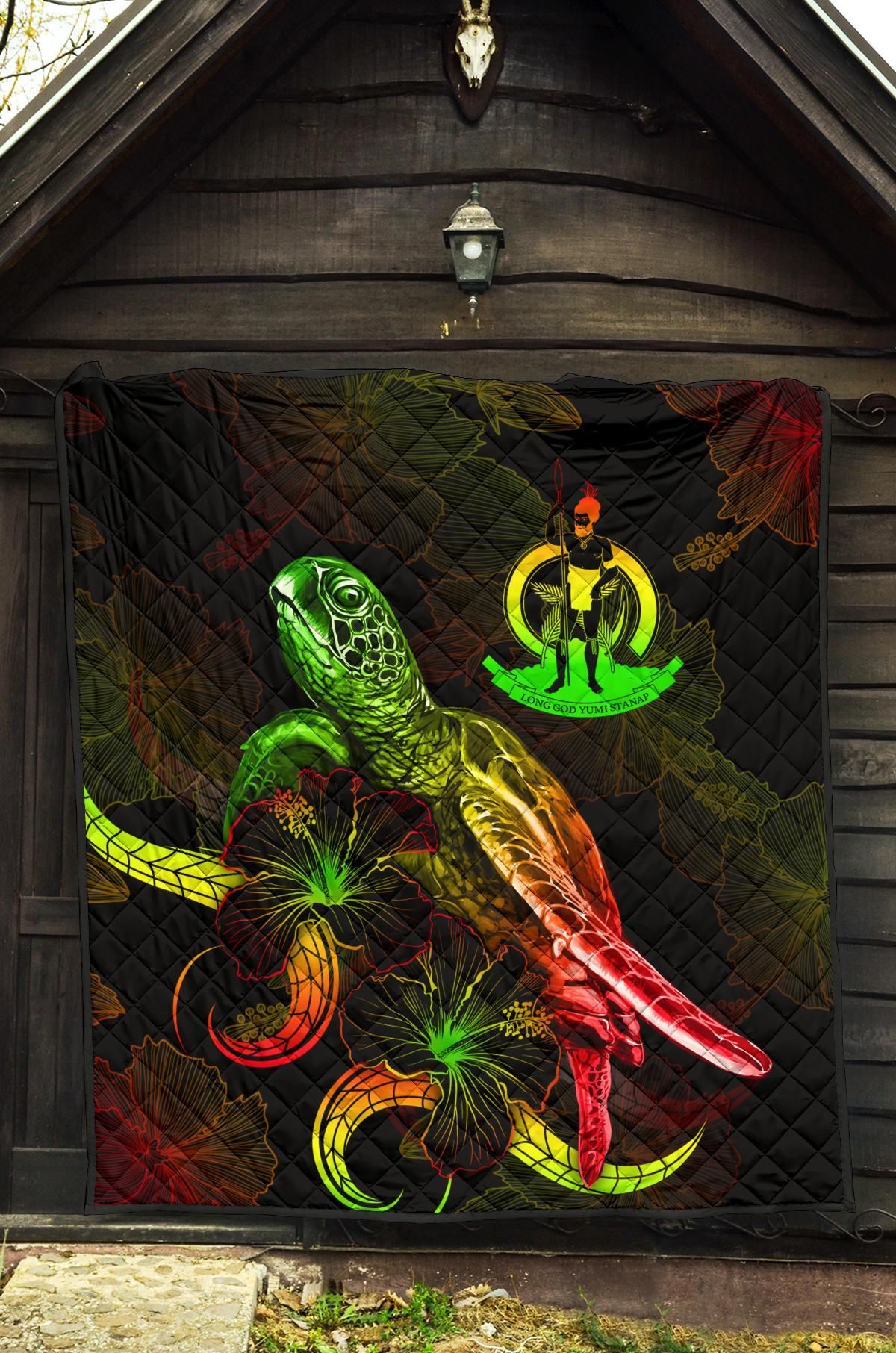 Vanuatu Polynesian Premium Quilt - Turtle With Blooming Hibiscus Reggae
