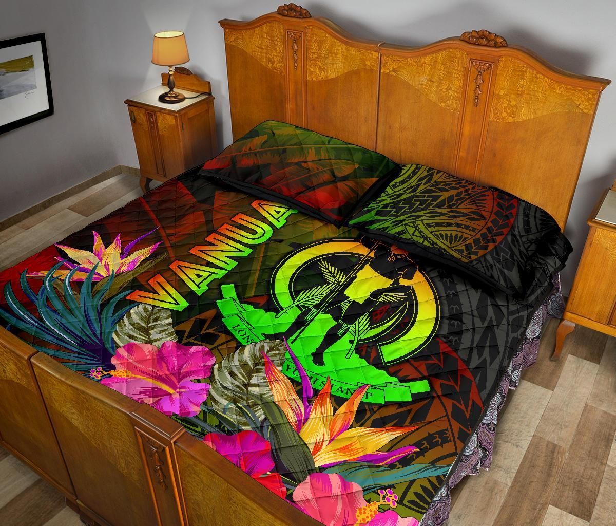 Vanuatu Polynesian Quilt Bed Set - Hibiscus and Banana Leaves