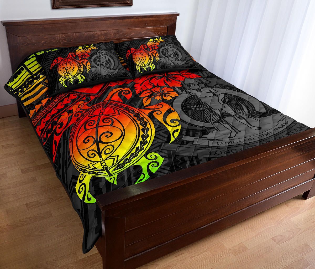 Vanuatu Polynesian Quilt Bed Set - Vanuatu Coat Of Arms & Reggae Turtle Hibiscus