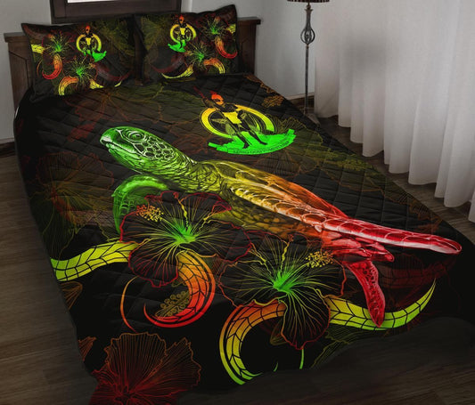 Vanuatu Polynesian Quilt Bed Set - Turtle With Blooming Hibiscus Reggae