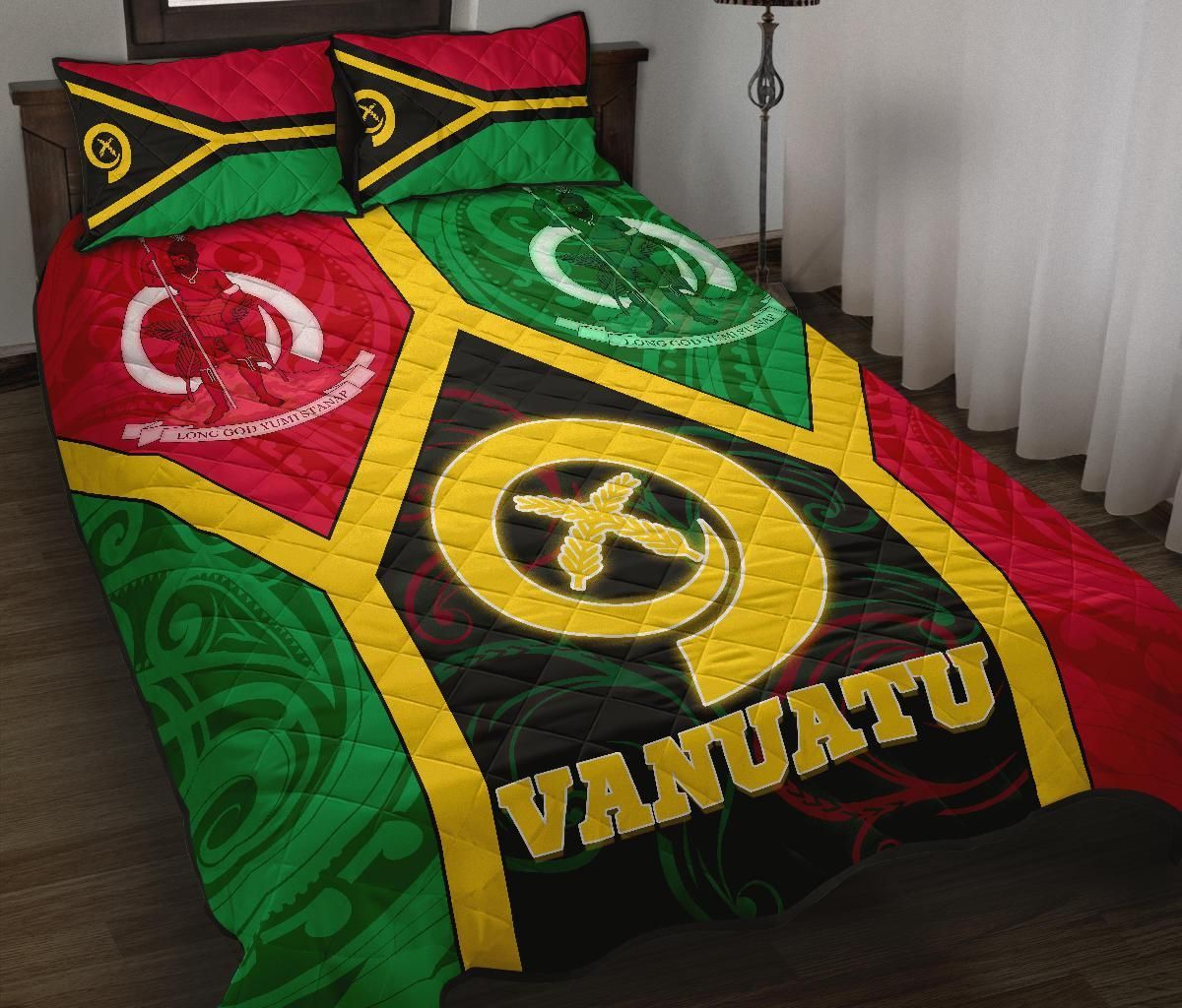 Vanuatu Polynesian Quilt Bed Set - Vanuatu Flag and Coat Of Arms
