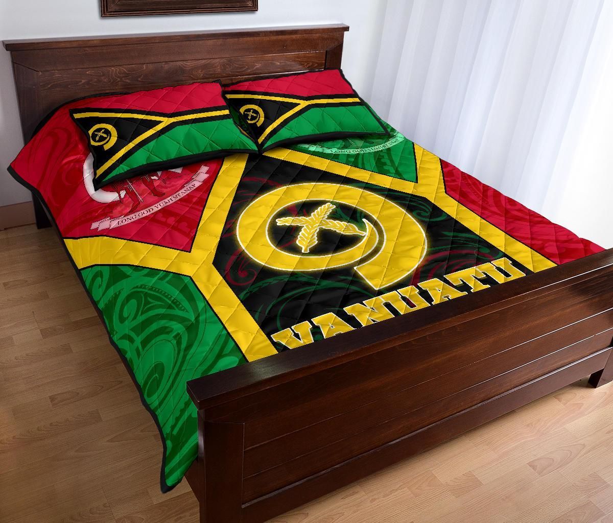 Vanuatu Polynesian Quilt Bed Set - Vanuatu Flag and Coat Of Arms
