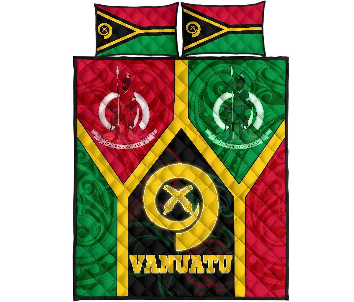 Vanuatu Polynesian Quilt Bed Set - Vanuatu Flag and Coat Of Arms