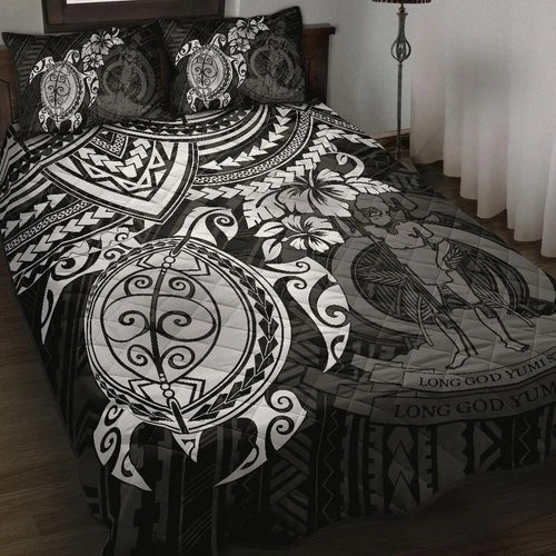 Vanuatu Polynesian Quilt Bed Set - Vanuatu Coat Of Arms & White Turtle Hibiscus