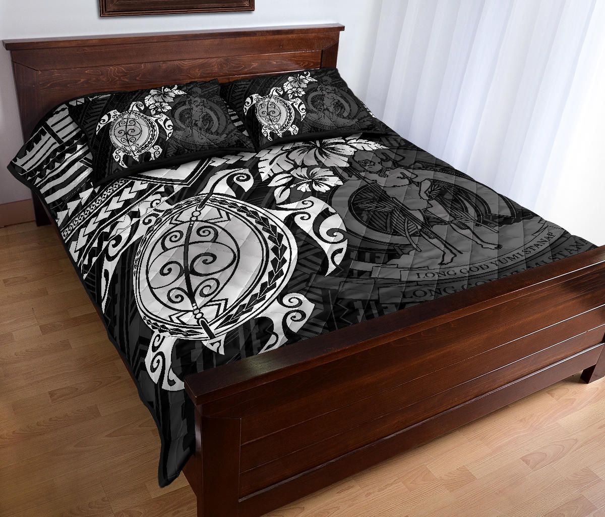 Vanuatu Polynesian Quilt Bed Set - Vanuatu Coat Of Arms & White Turtle Hibiscus