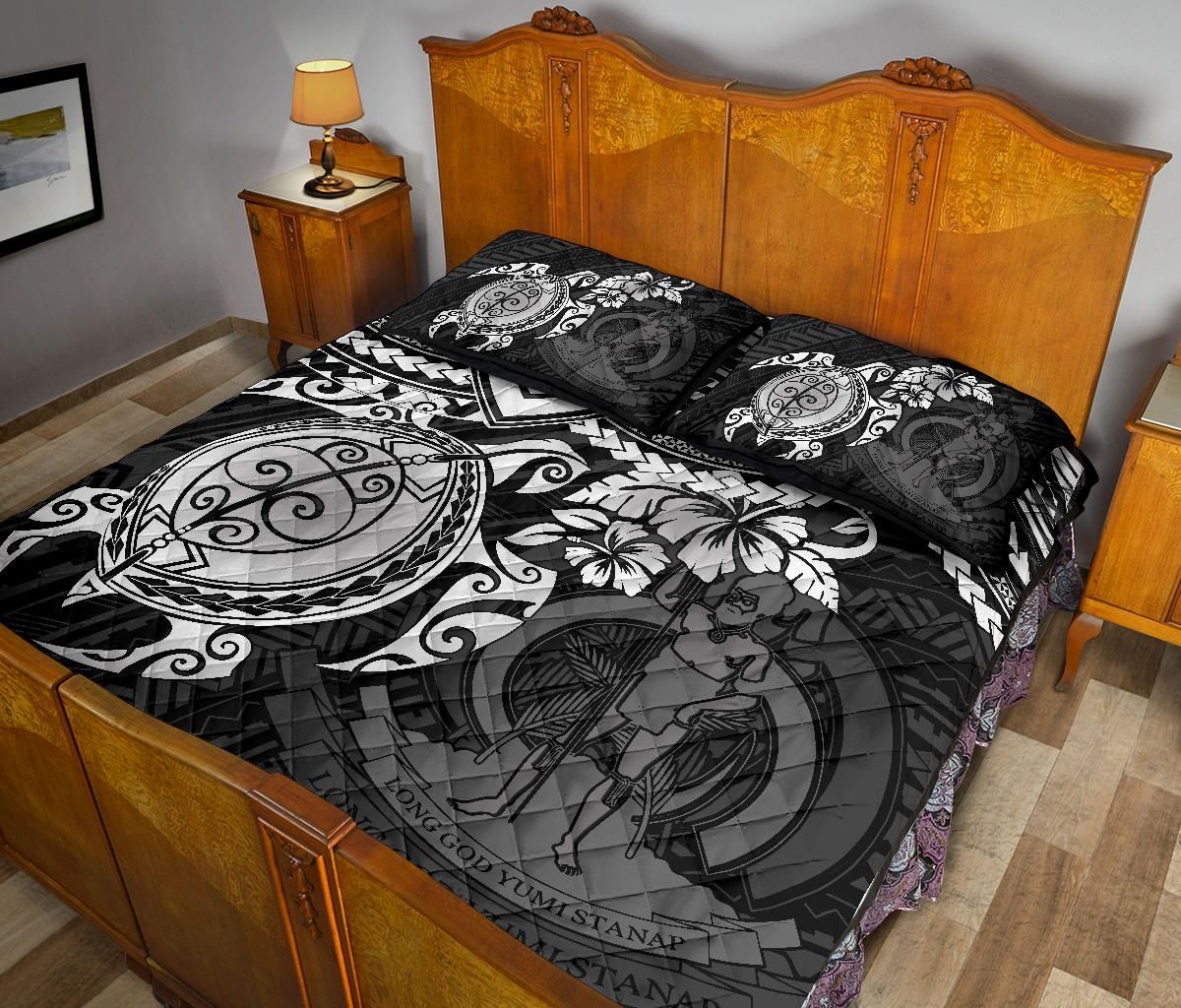 Vanuatu Polynesian Quilt Bed Set - Vanuatu Coat Of Arms & White Turtle Hibiscus