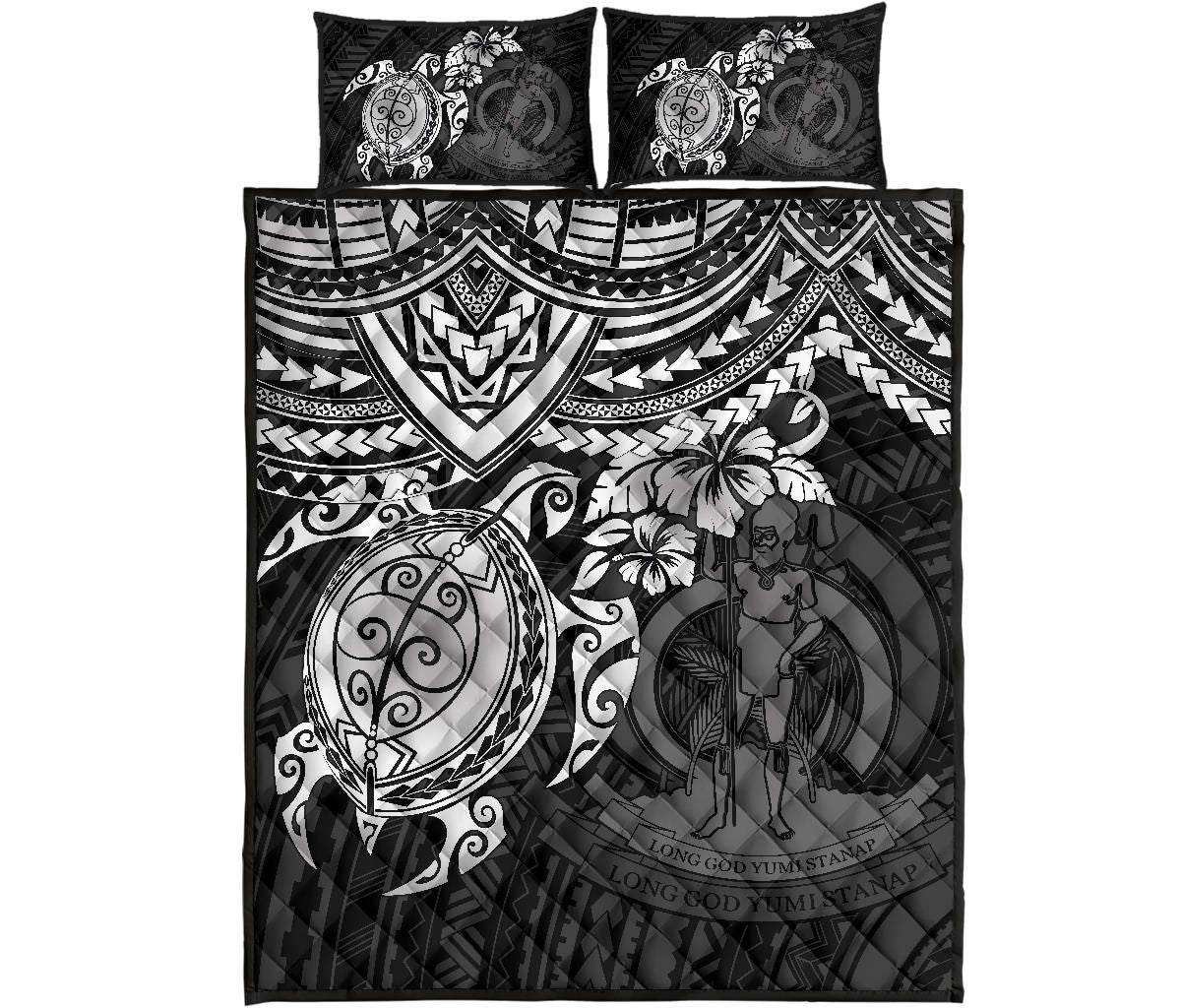 Vanuatu Polynesian Quilt Bed Set - Vanuatu Coat Of Arms & White Turtle Hibiscus