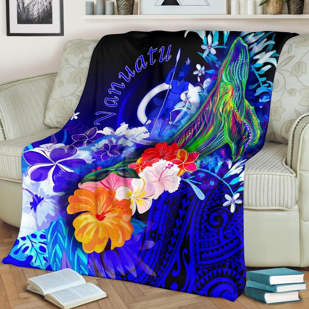 Vanuatu Premium Blanket- Humpback Whale with Tropical Flowers (Blue)