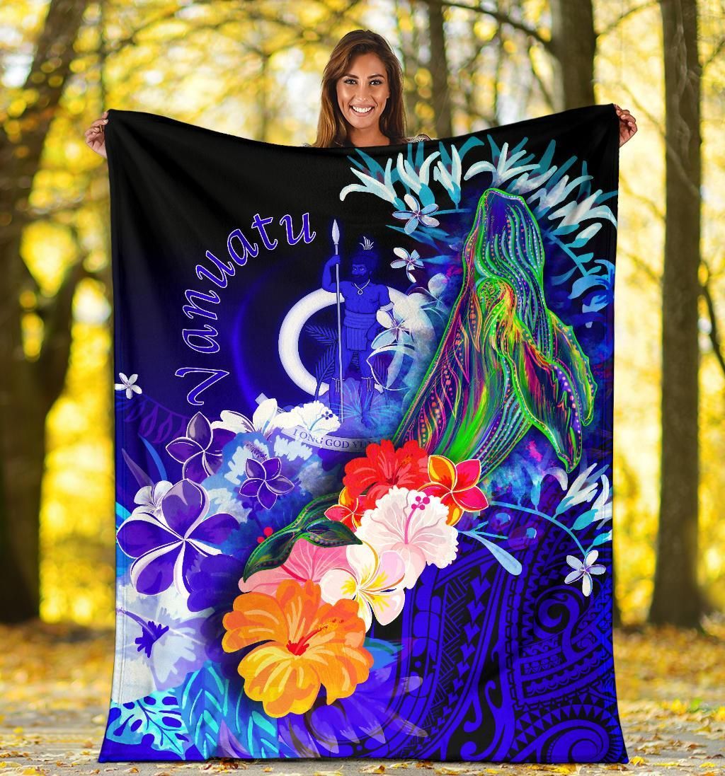 Vanuatu Premium Blanket- Humpback Whale with Tropical Flowers (Blue)