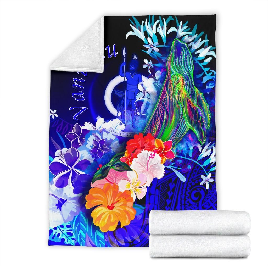 Vanuatu Premium Blanket- Humpback Whale with Tropical Flowers (Blue)