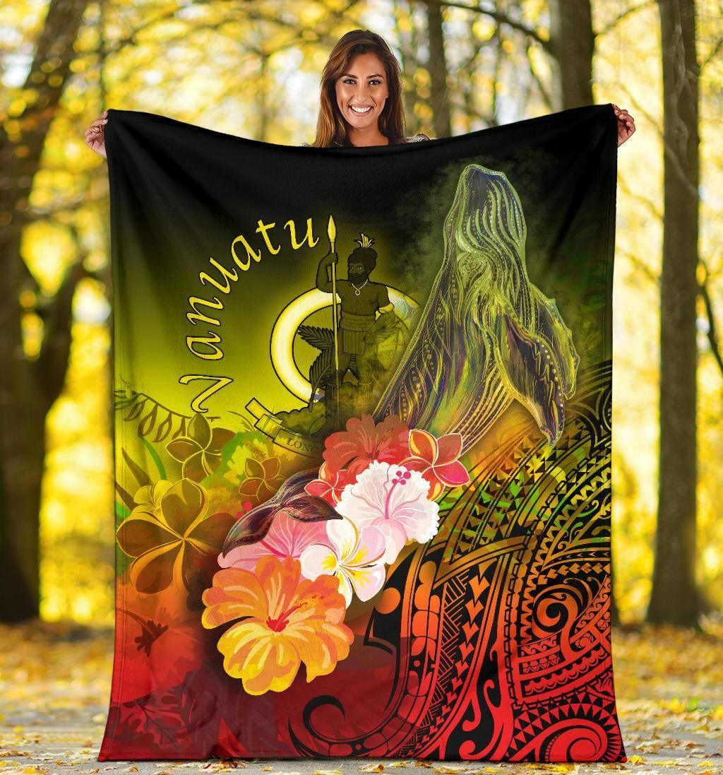 Vanuatu Premium Blanket - Humpback Whale with Tropical Flowers (Yellow)