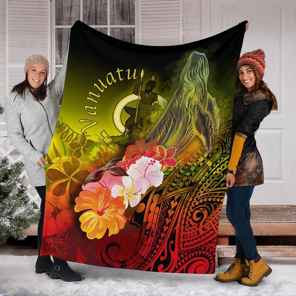Vanuatu Premium Blanket - Humpback Whale with Tropical Flowers (Yellow)