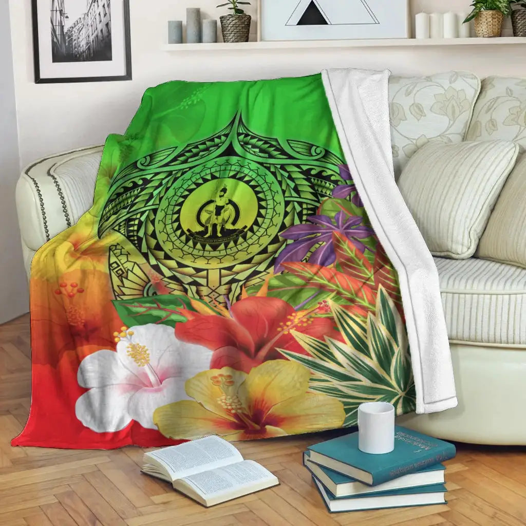 Vanuatu Premium Blanket - Manta Ray Tropical Flowers (Green)