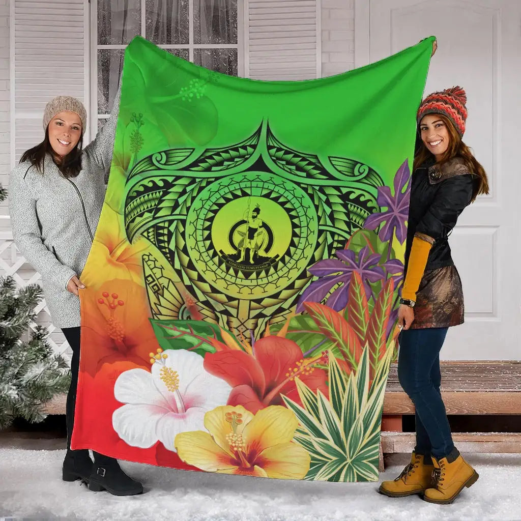 Vanuatu Premium Blanket - Manta Ray Tropical Flowers (Green)