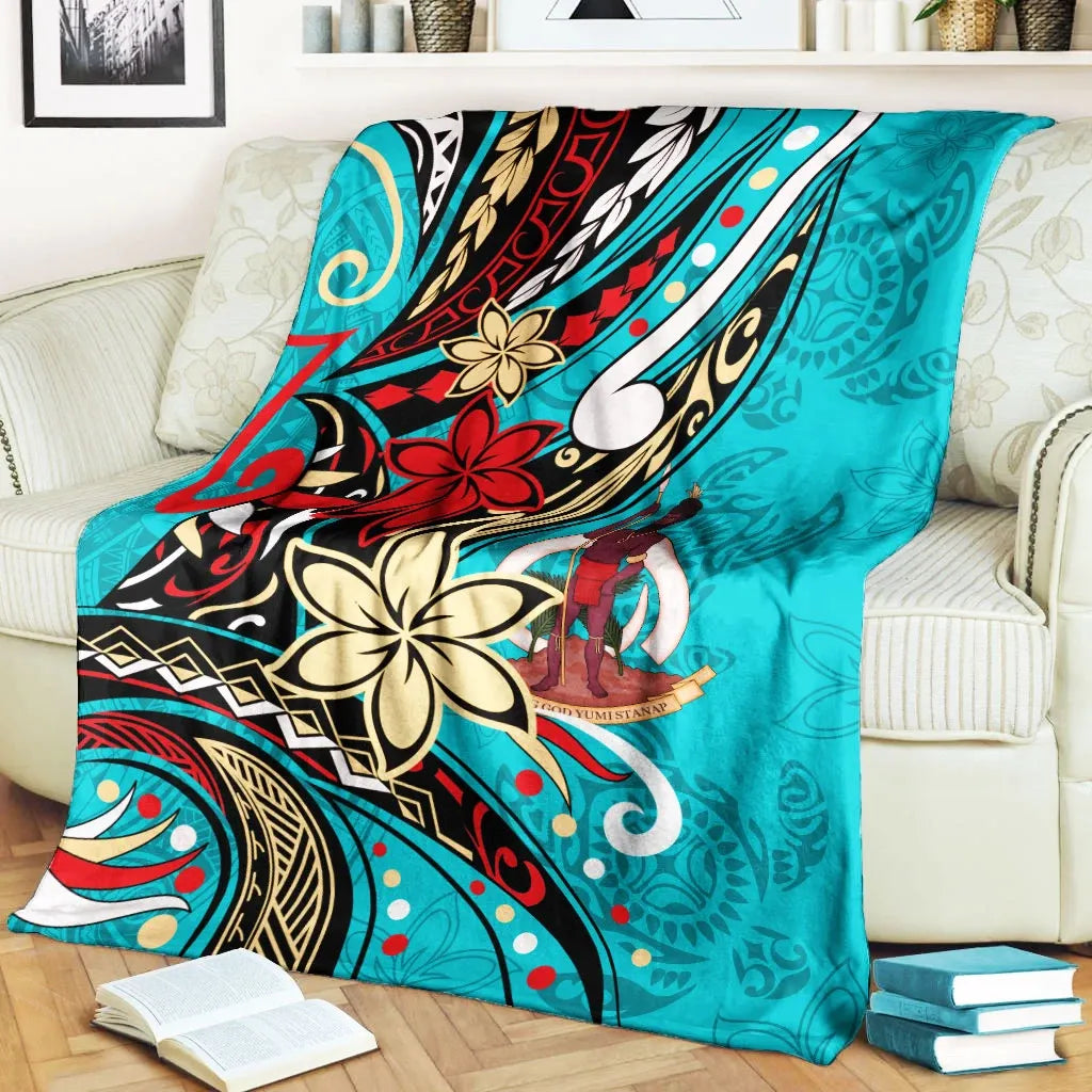 Vanuatu Premium Blanket - Tribal Flower With Special Turtles Blue Color